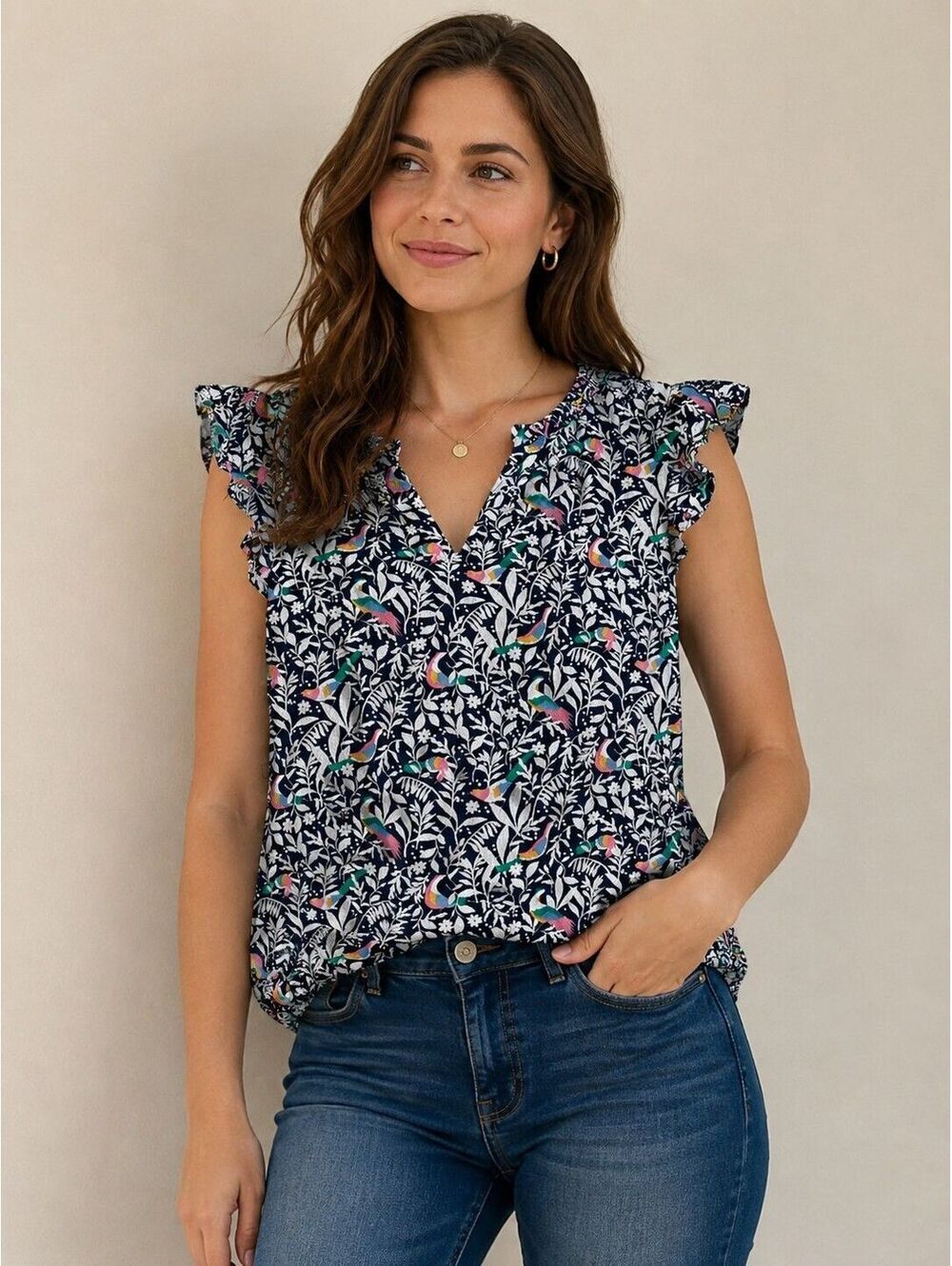 LOFT - Navy Tropical Bird Floral Ruffle Sleeveless Blouse - M